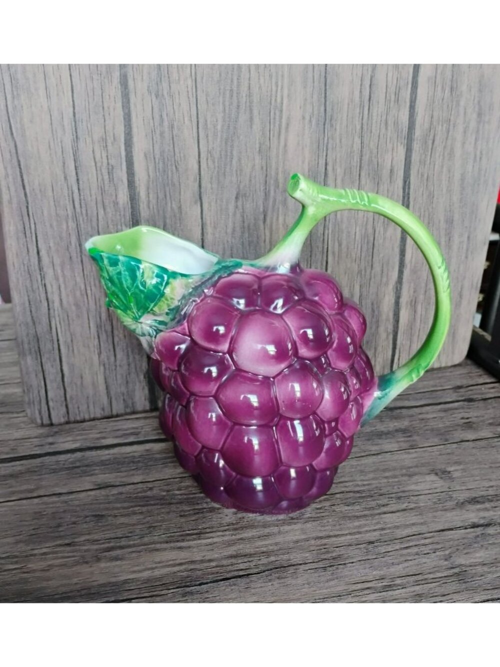 Vintage Grapes Majolica Pitcher Serving Jug Purple Green Hand Painted Italy 8"